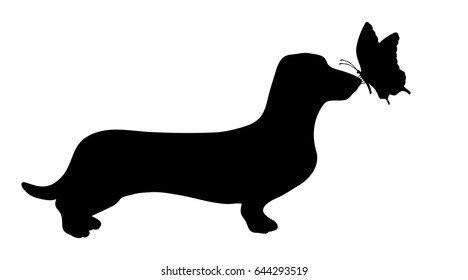 Vector silhouette of dog with butterfly on white background.