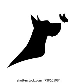 Vector silhouette of dog with butterfly on white background.