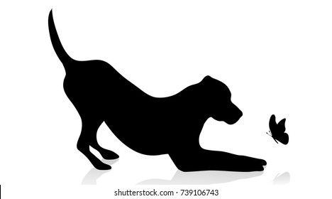 Vector silhouette of dog with butterfly on white background.