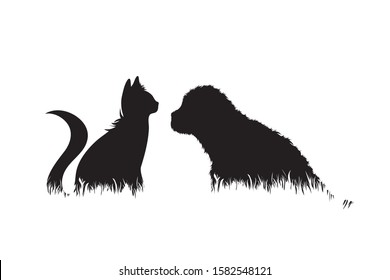 Vector silhouette of dog and cat in the grass on white background. Symbol of animal, pet, kitty, friends, nature, park, garden.