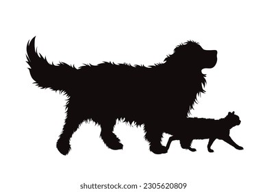 Vector silhouette of dog with cat on white background. Symbol of pet.
