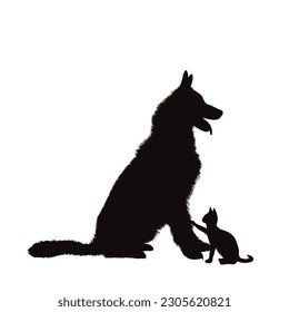 Vector silhouette of dog with cat on white background. Symbol of pet.