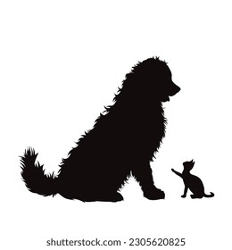 Vector silhouette of dog with cat on white background. Symbol of pet.