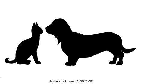 Vector silhouette of dog with cat on white background.