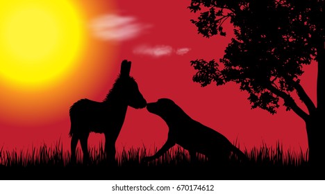 Vector silhouette of dog with donkey in nature at sunset.