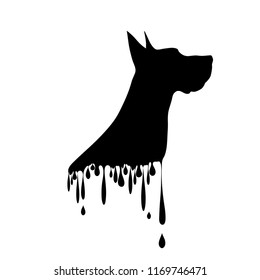 Vector silhouette of dog with drops on white background.