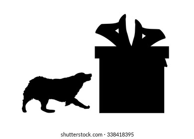 Vector silhouette of a dog with a gift.