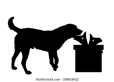 Vector silhouette of a dog with a gift.