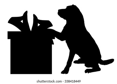 Vector silhouette of a dog with a gift.