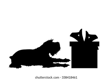 Vector silhouette of a dog with a gift.