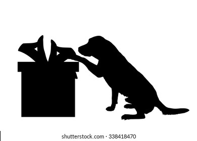 Vector silhouette of a dog with a gift.