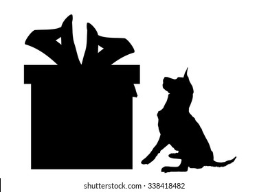 Vector silhouette of a dog with a gift.