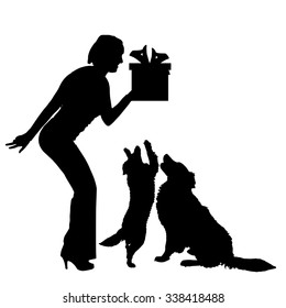 Vector silhouette of a dog with a gift.