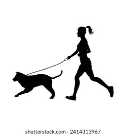 Silueta vectorial de perro con muchacha corriendo sobre fondo blanco.