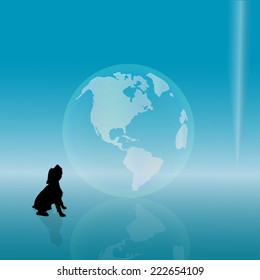 Vector silhouette of a dog with a globe.