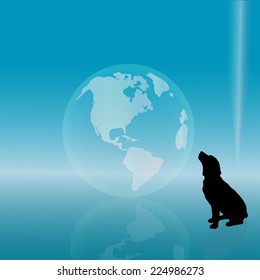 Vector silhouette of a dog with a globe.
