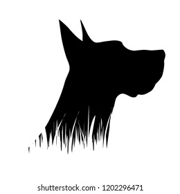 Vector silhouette of dog in the grass on white background.