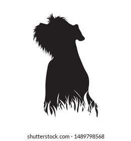 Vector silhouette of dog in the grass on white background. Symbol of animal, pet, park, nature.
