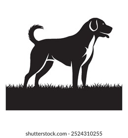 Vector silhouette of a dog in a grassy field - ideal for designs