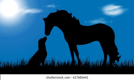 Vector silhouette of dog and horse on garden.