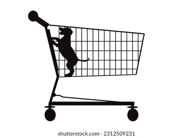 Vector silhouette of dog inside shopping cart on white background. Symbol of pet shop accessories and sale.