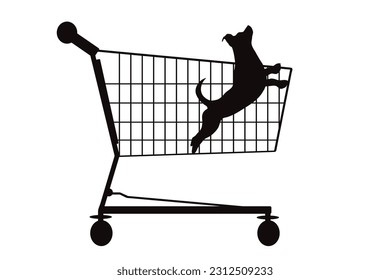 Vector silhouette of dog inside shopping cart on white background. Symbol of pet shop accessories and sale.