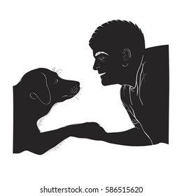 vector silhouette dog and man
