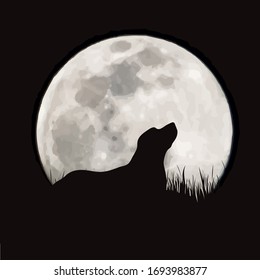 Vector silhouette of dog with moon background. Symbol of night.