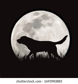 Vector silhouette of dog with moon background. Symbol of night.