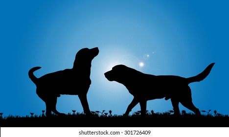Vector silhouette of a dog in nature.