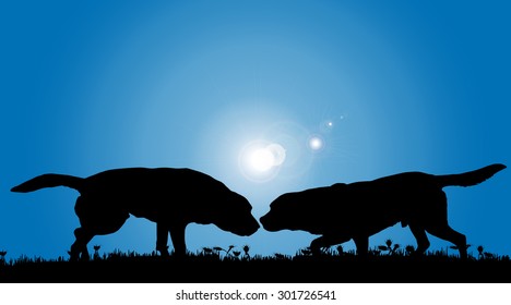 Vector silhouette of a dog in nature.