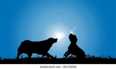 Vector silhouette of a dog in nature.