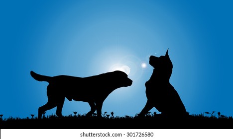 Vector silhouette of a dog in nature.