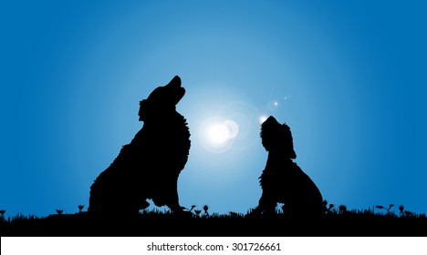 Vector silhouette of a dog in nature.