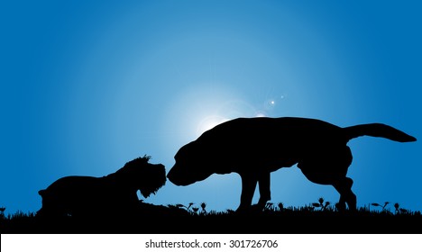 Vector silhouette of a dog in nature.
