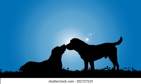 Vector silhouette of a dog in nature.