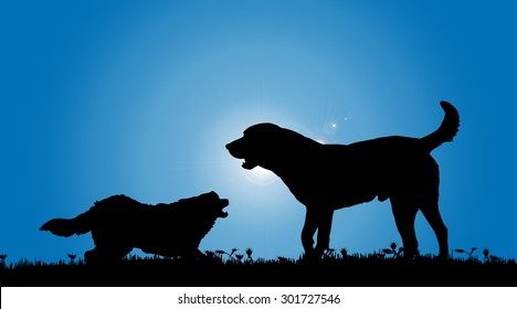 Vector silhouette of a dog in nature.