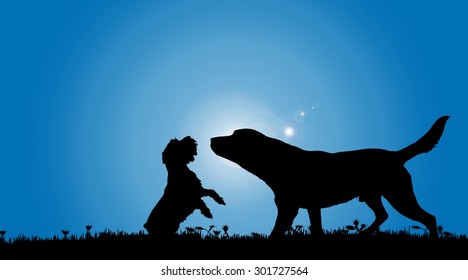 Vector silhouette of a dog in nature.