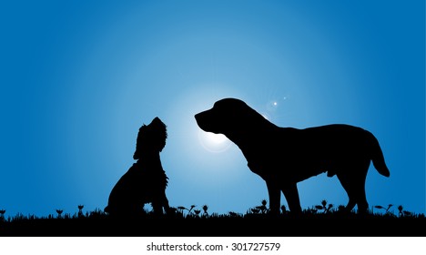 Vector silhouette of a dog in nature.
