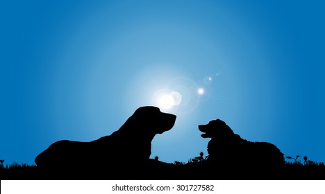 Vector silhouette of a dog in nature.