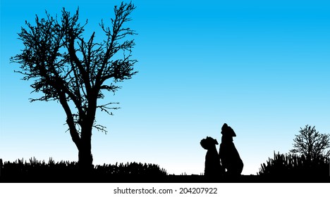 Vector silhouette of a dog in nature on a beautiful day.