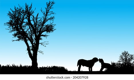 Vector silhouette of a dog in nature on a beautiful day.