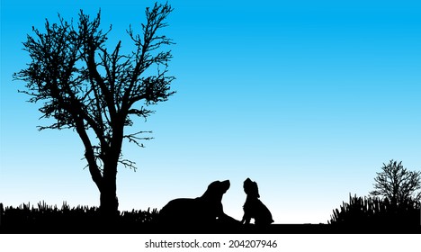 Vector silhouette of a dog in nature on a beautiful day.