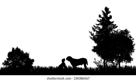 Vector silhouette of the dog in nature on a white background.