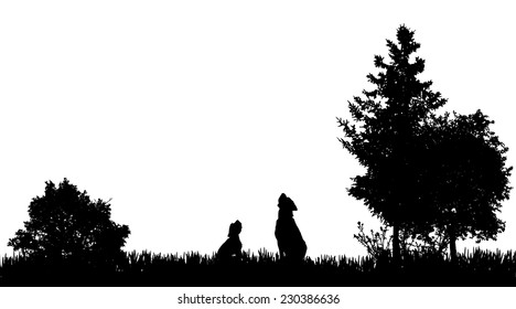 Vector silhouette of the dog in nature on a white background.