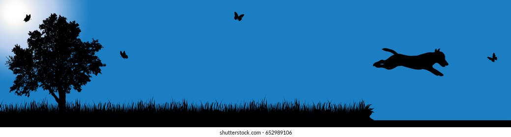Vector silhouette of dog in nature at sunny day.