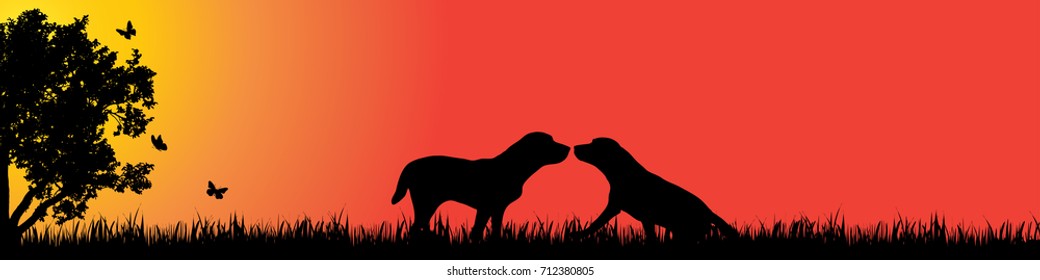 Vector silhouette of dog in nature at sunset.