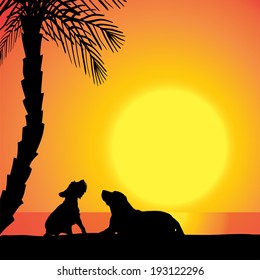 Vector silhouette of a dog on the beach at sunset.