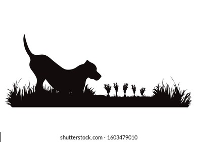 Vector silhouette of dog on garden. Symbol of animal, field, farm, wait, look.