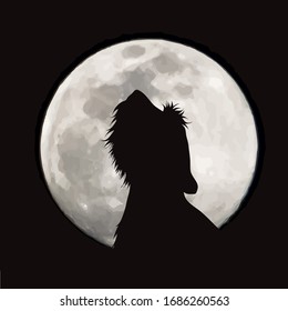 Vector silhouette of dog on moon background. Symbol of night.